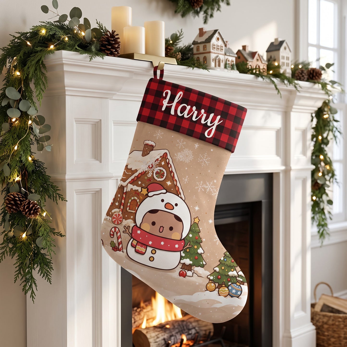 Personalized Bubu & Dudu Snowman Christmas Stockings — Gingerbread House Kawaii Keepsake for Couples & Family