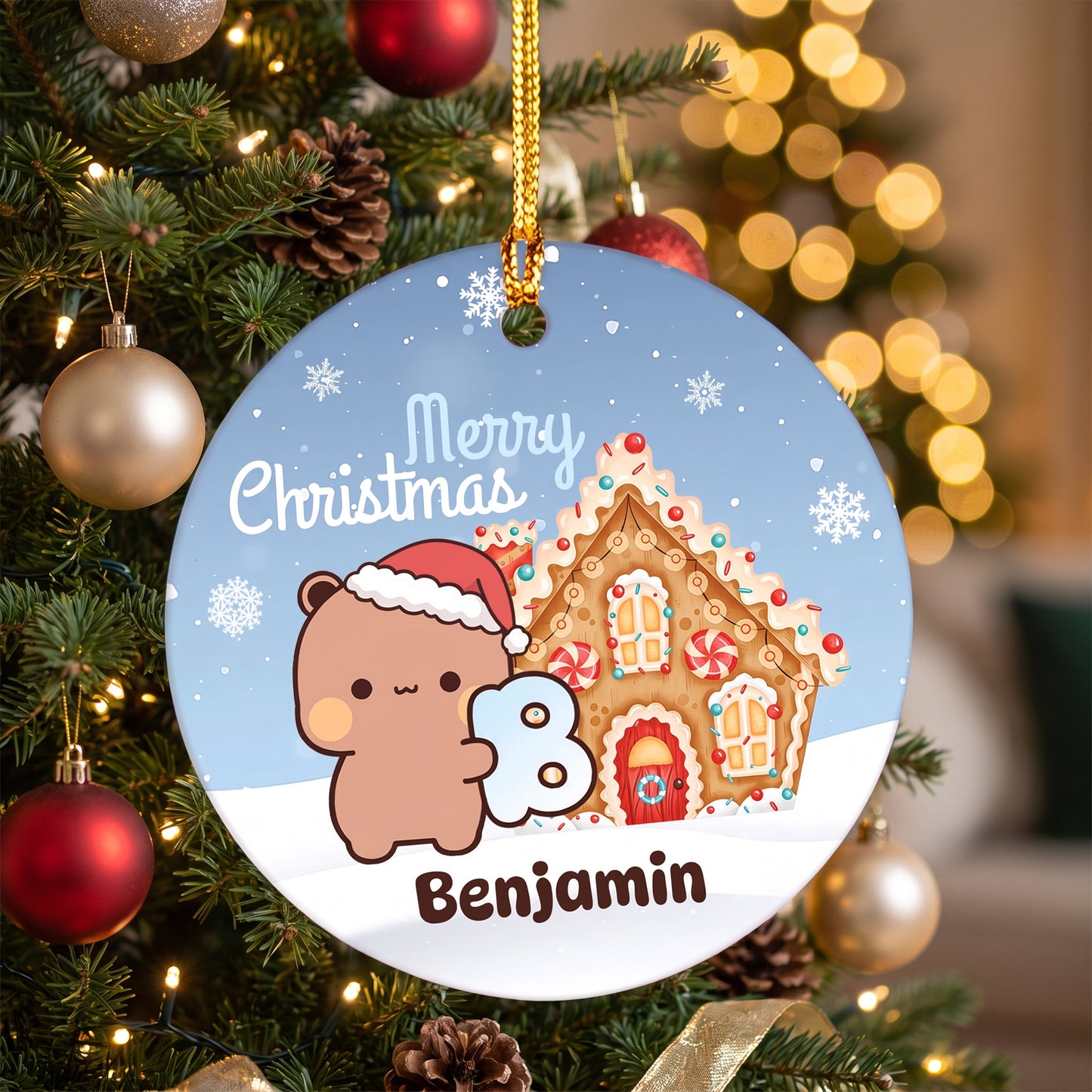 Personalized Bubu & Dudu Christmas Ceramic Ornament Set – Custom Name Kawaii Couple Gingerbread Keepsak