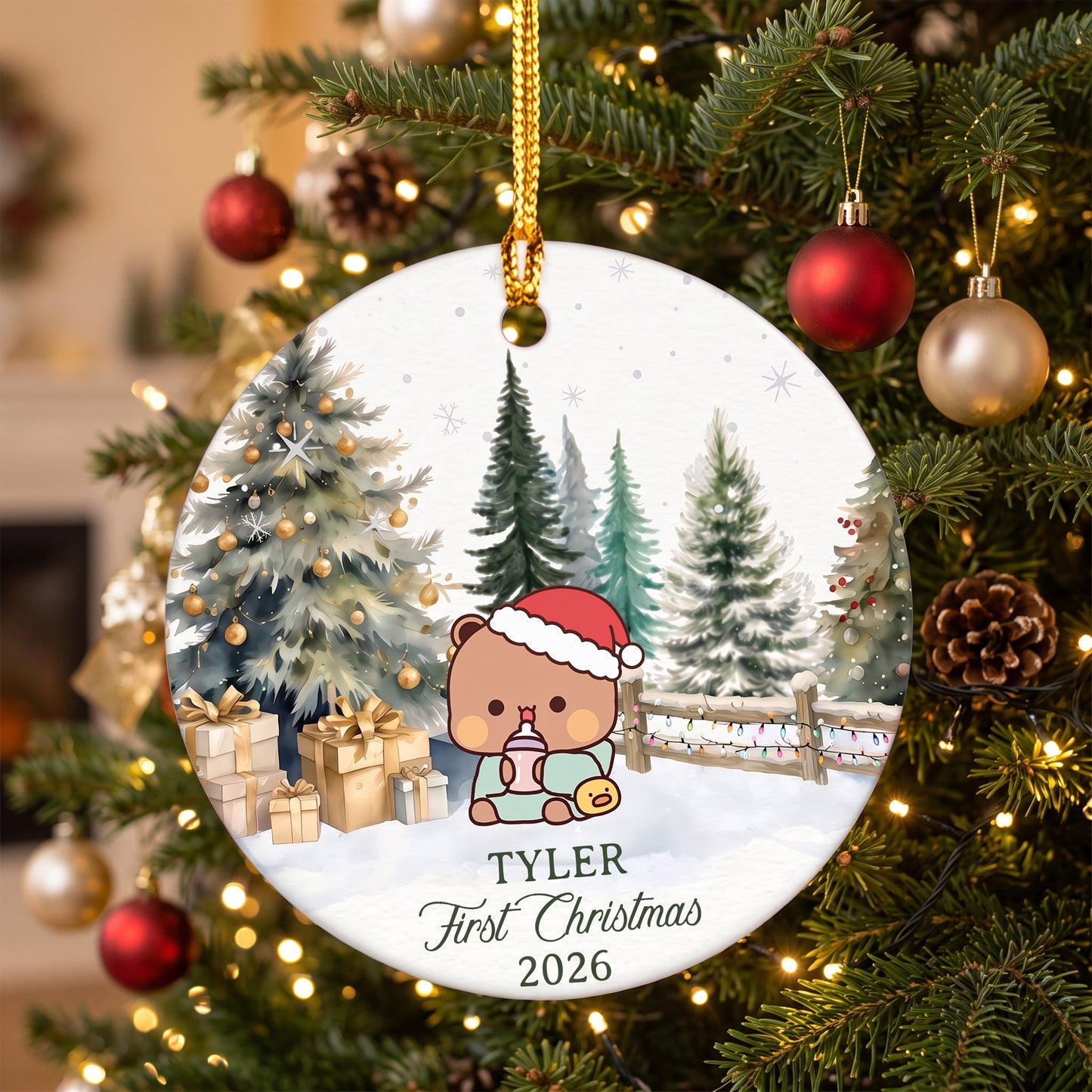 Personalized Baby's First Christmas Ornament – Custom Name Bubu & Dudu Kawaii Ceramic Keepsake