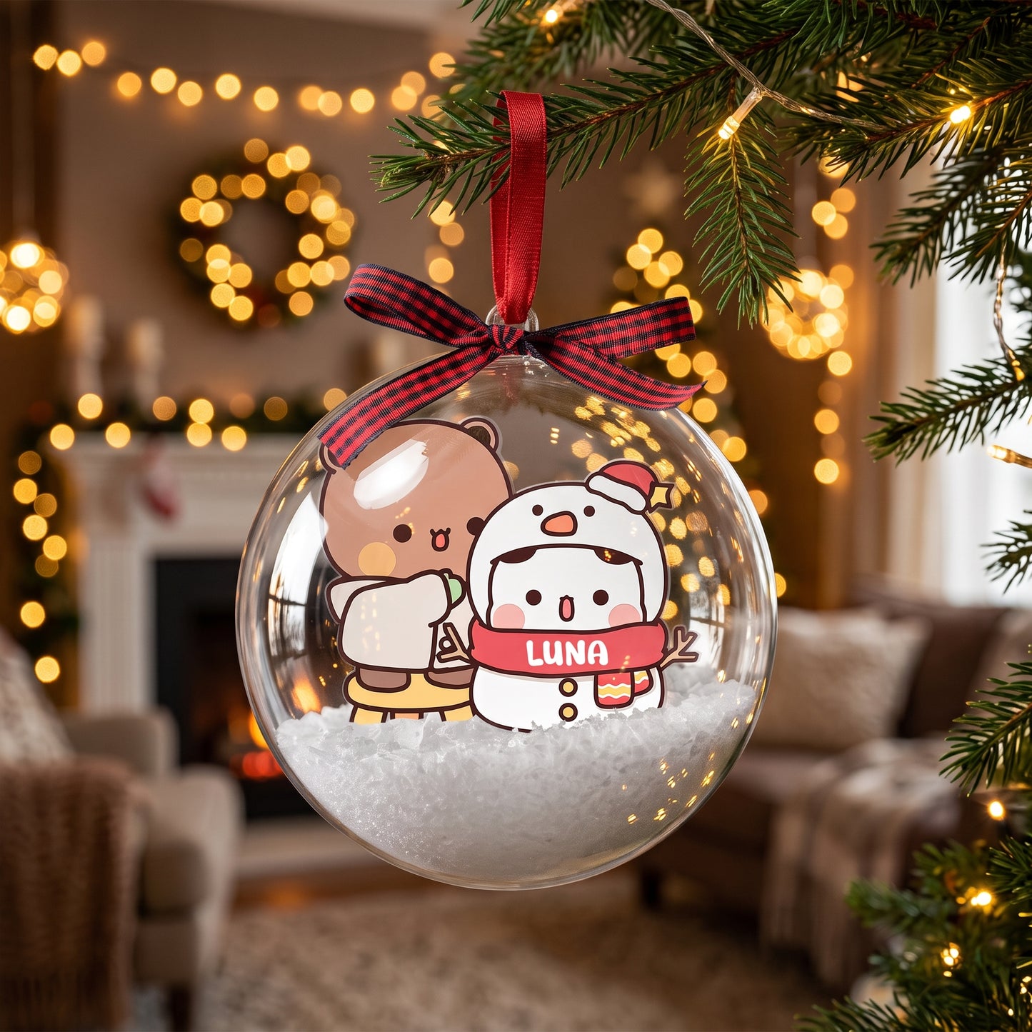 Personalized Bubu & Dudu Christmas Snow Globe Ornament – Custom Name Snowman Kawaii Couple Bauble