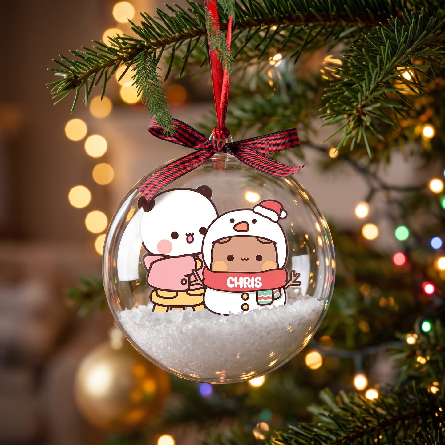 Personalized Bubu & Dudu Christmas Snow Globe Ornament – Custom Name Snowman Kawaii Couple Bauble