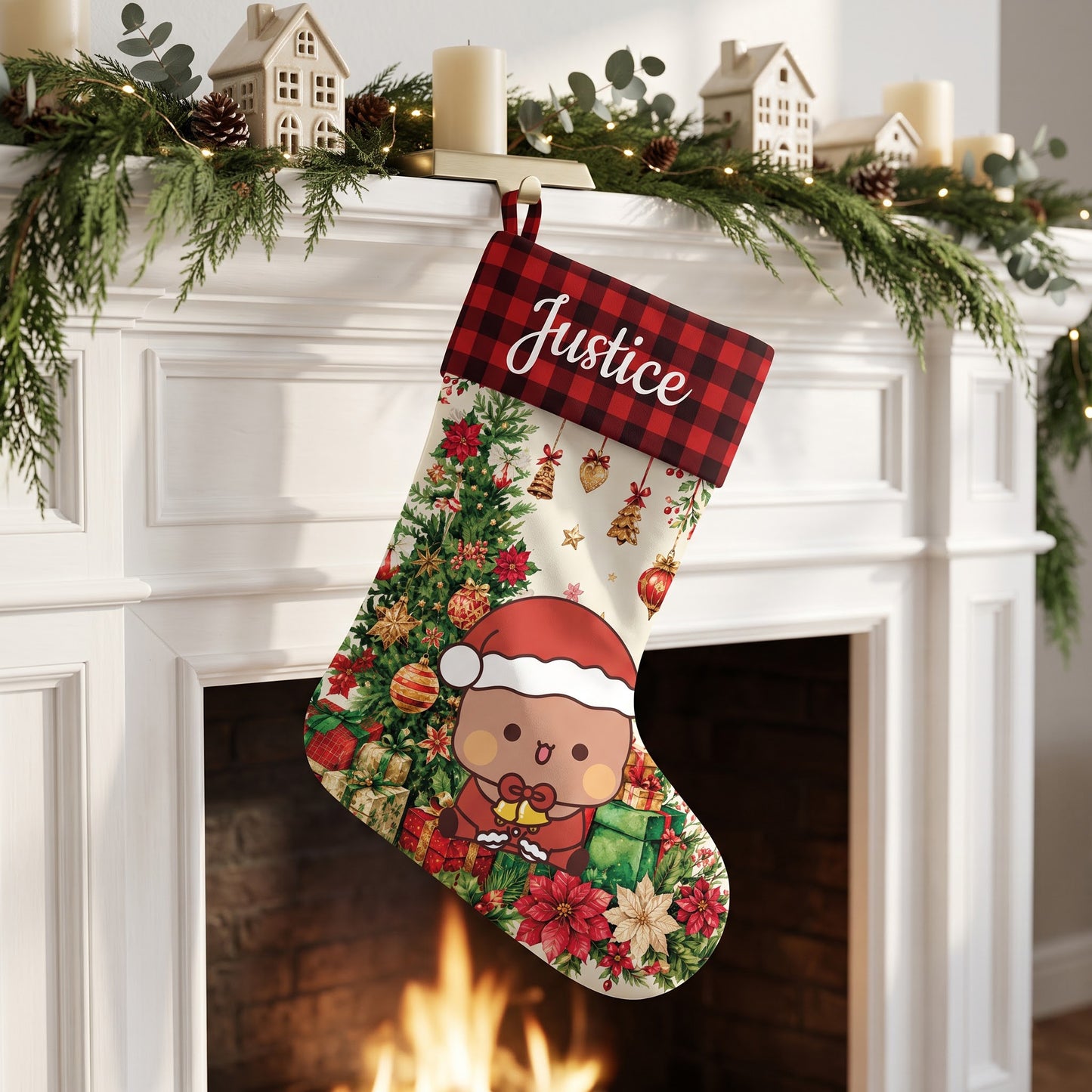 Personalized Bubu & Dudu Christmas Stockings Set of 2 – Custom Name Kawaii Couple Buffalo Plaid Santa Stockings