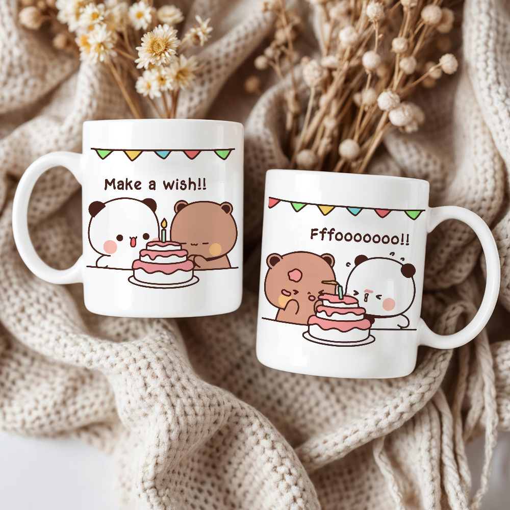 Bubu & Dudu Birthday Couple Mug – Make a Wish & Funny Cake Scene