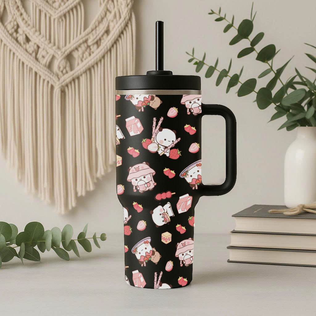 Bubu Cute Kawaii Strawberry Tumbler with Handle & Straw – Insulated Travel Mug