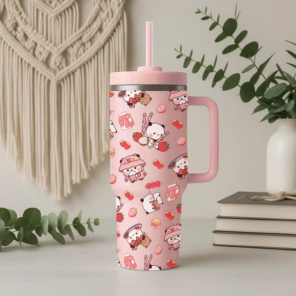 Bubu Cute Kawaii Strawberry Tumbler with Handle & Straw – Insulated Travel Mug