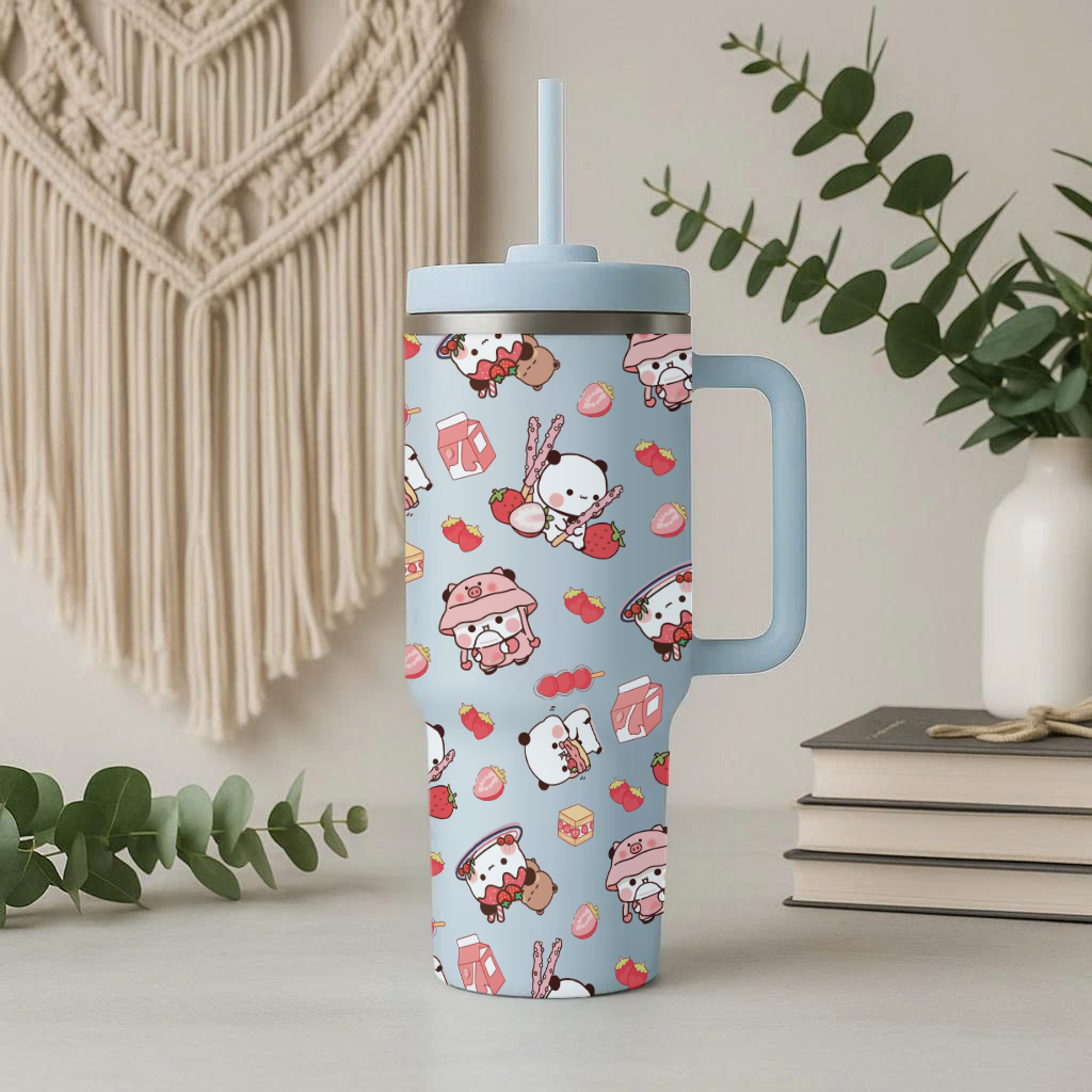 Bubu Cute Kawaii Strawberry Tumbler with Handle & Straw – Insulated Travel Mug