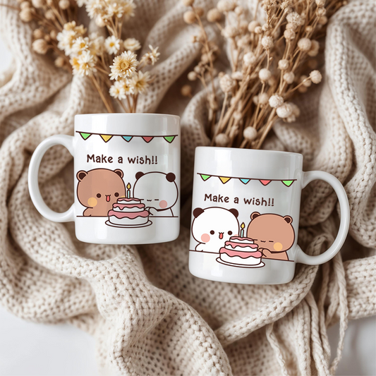 Bubu & Dudu Birthday Couple Mug – Make a Wish & Funny Cake Scene