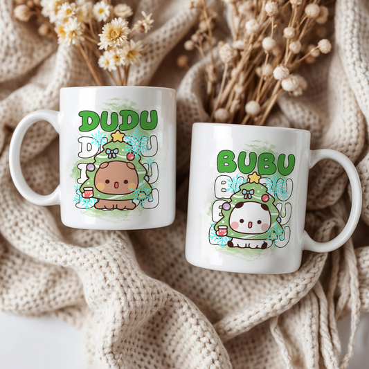 Bubu & Dudu Christmas Tree Couple Mugs – Cute Holiday Coffee Cup Gift Set