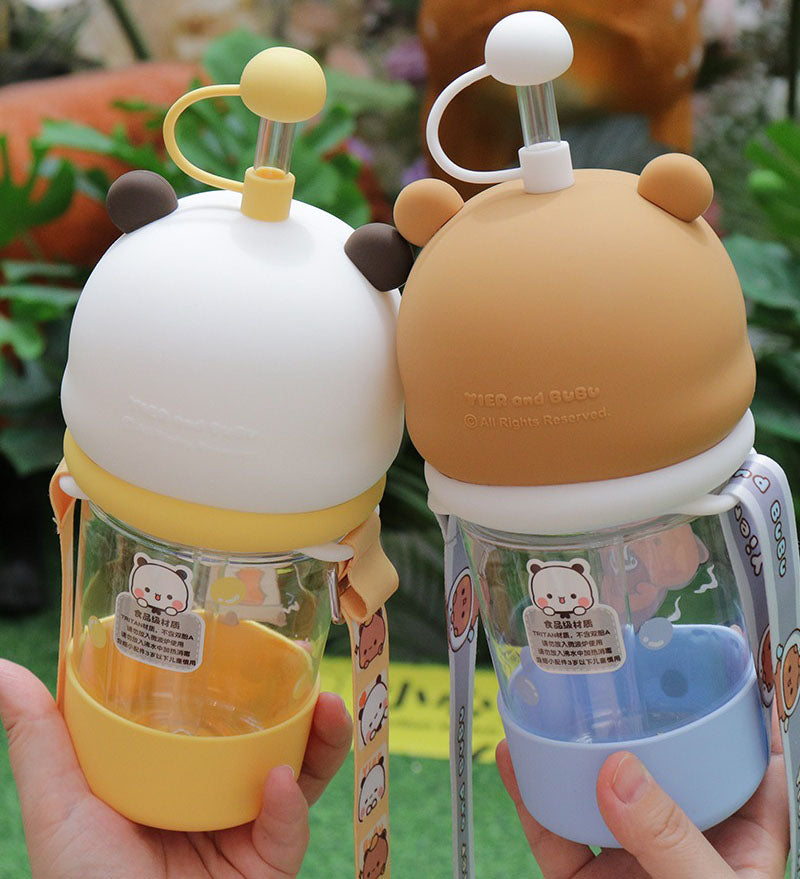 Bubu & Dudu Kawaii Bear Water Bottle – with Silicone Lid & Fabric Strap