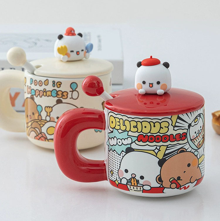 Panda Bubu Cute Breakfast Mug with Lid & Spoon
