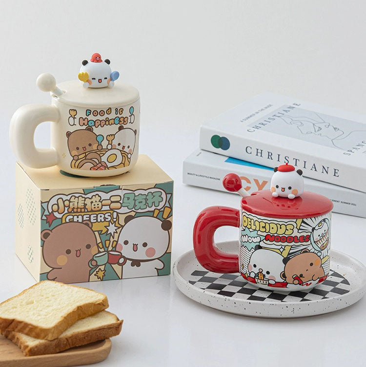 Panda Bubu Cute Breakfast Mug with Lid & Spoon
