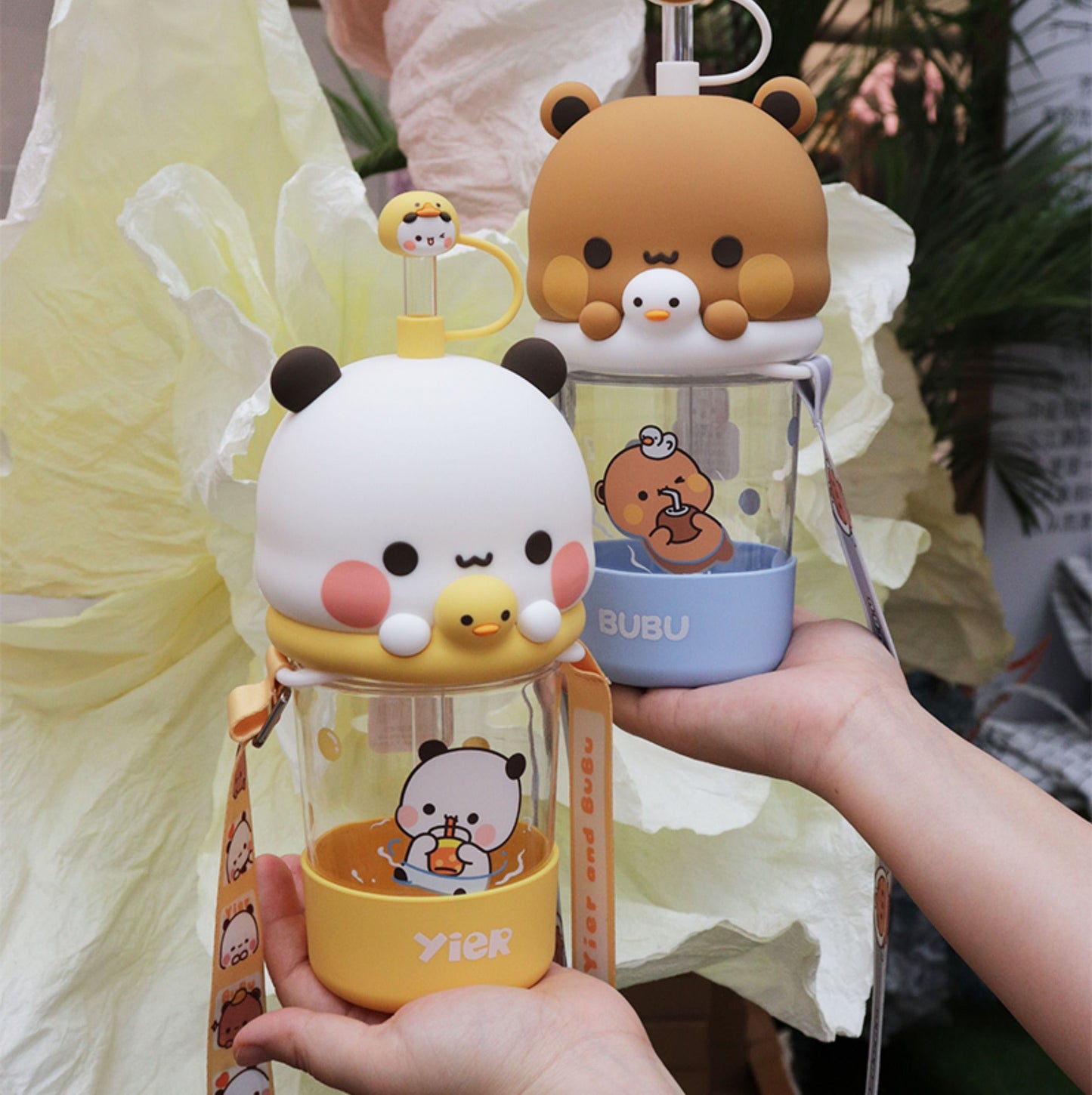 Bubu & Dudu Kawaii Bear Water Bottle – with Silicone Lid & Fabric Strap