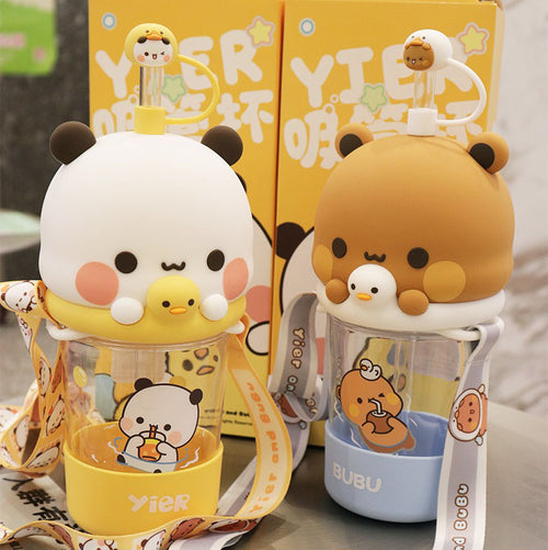Bubu & Dudu Kawaii Bear Water Bottle – with Silicone Lid & Fabric Strap