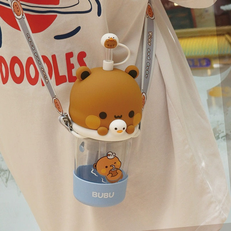 Bubu & Dudu Kawaii Bear Water Bottle – with Silicone Lid & Fabric Strap
