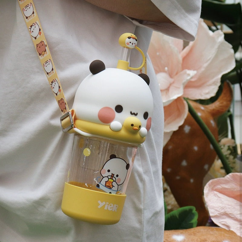 Bubu & Dudu Kawaii Bear Water Bottle – with Silicone Lid & Fabric Strap