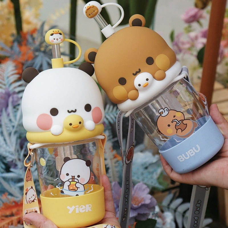 Bubu & Dudu Kawaii Bear Water Bottle – with Silicone Lid & Fabric Strap