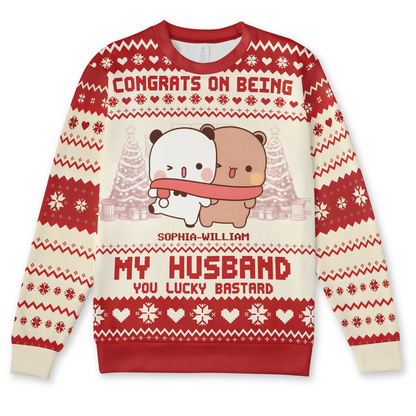 Bubu & Dudu Personalized Christmas Sweater – "Congrats On Being My Husband, You Lucky Bastard"