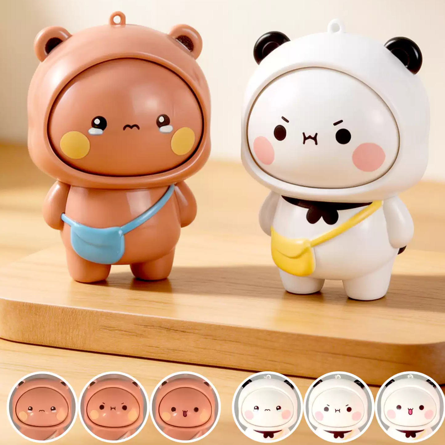 Bubu & Dudu Mood-Changing Keychain – Kawaii Panda & Bear Press Face Charm