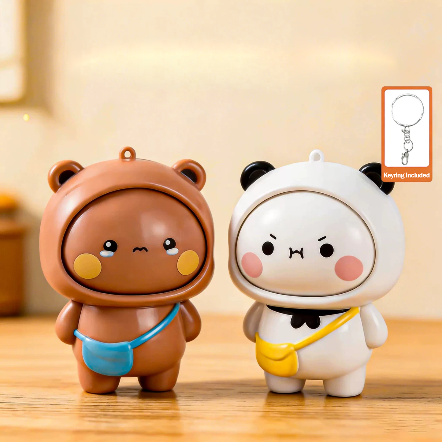 Bubu & Dudu Mood-Changing Keychain – Kawaii Panda & Bear Press Face Charm