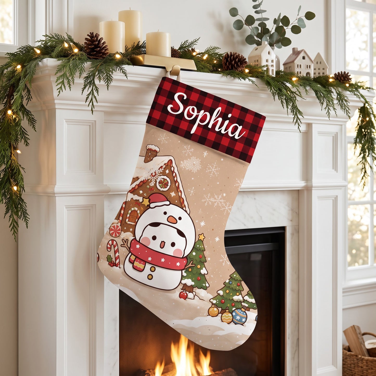 Personalized Bubu & Dudu Snowman Christmas Stockings — Gingerbread House Kawaii Keepsake for Couples & Family
