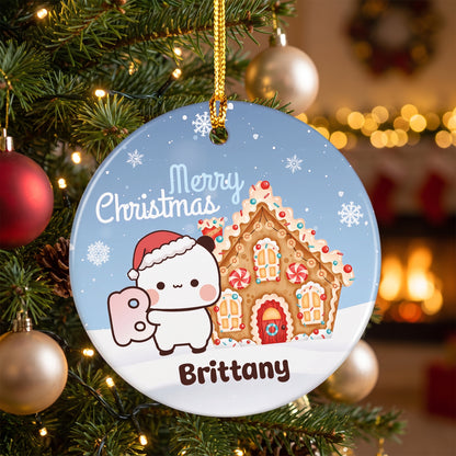 Personalized Bubu & Dudu Christmas Ceramic Ornament Set – Custom Name Kawaii Couple Gingerbread Keepsak