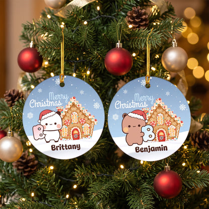 Personalized Bubu & Dudu Christmas Ceramic Ornament Set – Custom Name Kawaii Couple Gingerbread Keepsak