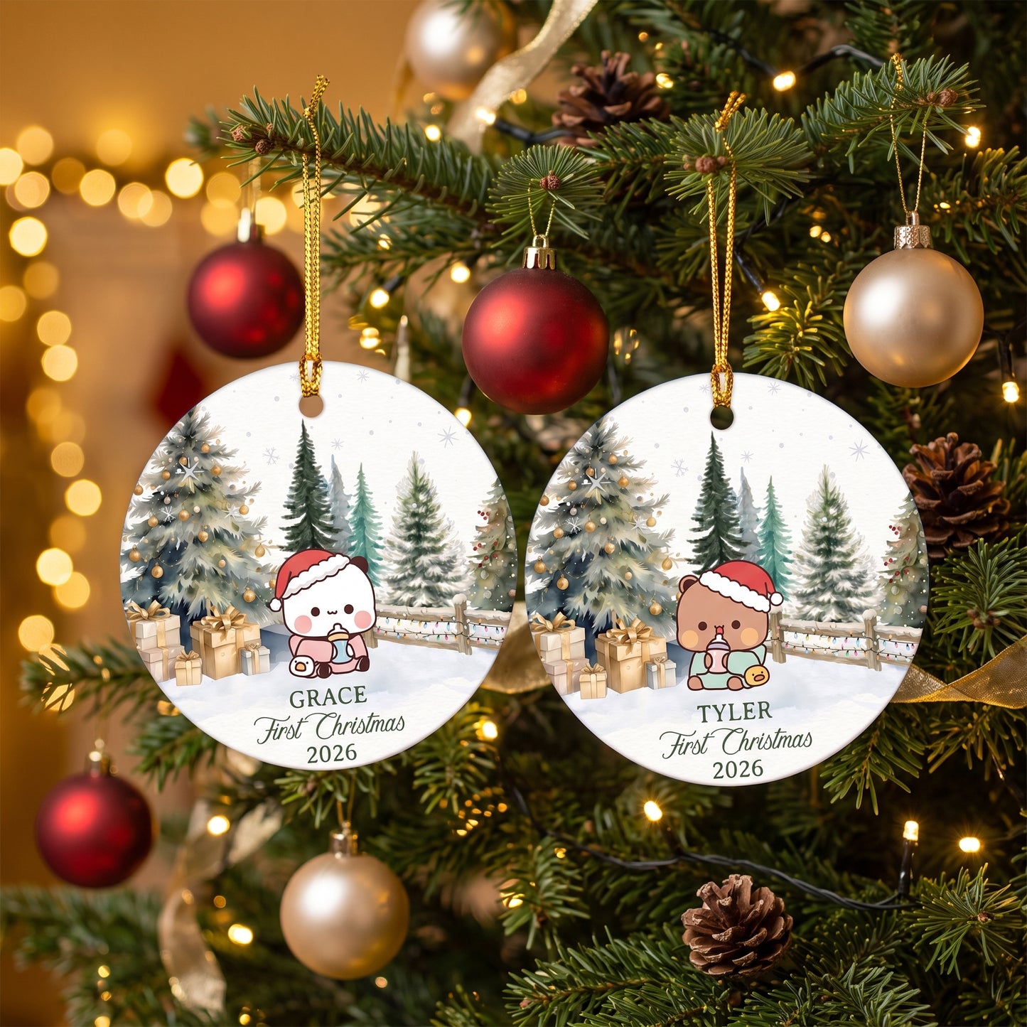 Personalized Baby's First Christmas Ornament – Custom Name Bubu & Dudu Kawaii Ceramic Keepsake