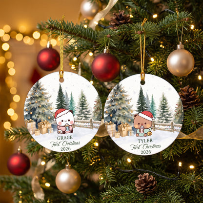 Personalized Baby's First Christmas Ornament – Custom Name Bubu & Dudu Kawaii Ceramic Keepsake