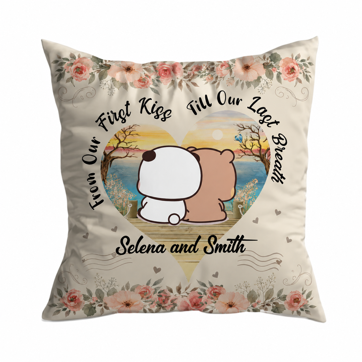 Personalized Bubu & Dudu Pillow – From Our First Kiss Till Our Last Breath | Custom Name Romantic Gift
