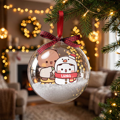 Personalized Bubu & Dudu Christmas Snow Globe Ornament – Custom Name Snowman Kawaii Couple Bauble