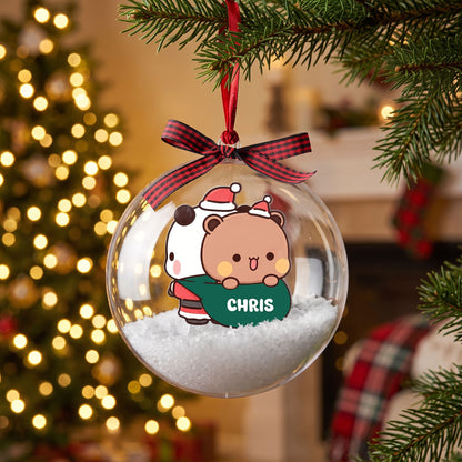 Personalized Bubu & Dudu Christmas Snow Globe Ornament – Custom Name Kawaii Couple Bauble