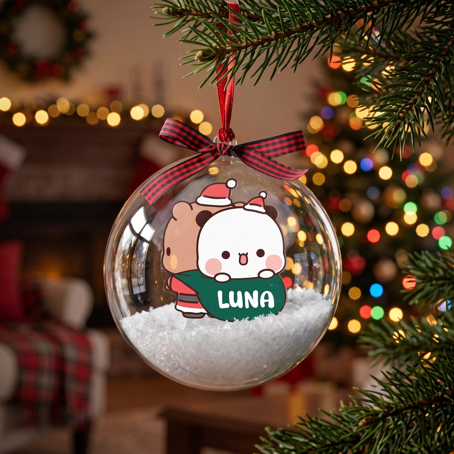 Personalized Bubu & Dudu Christmas Snow Globe Ornament – Custom Name Kawaii Couple Bauble