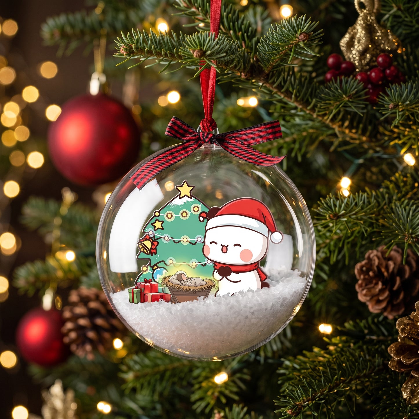 Bubu & Dudu Christmas Snow Globe Ornament Set – Kawaii Couple Bauble Tree Decoration