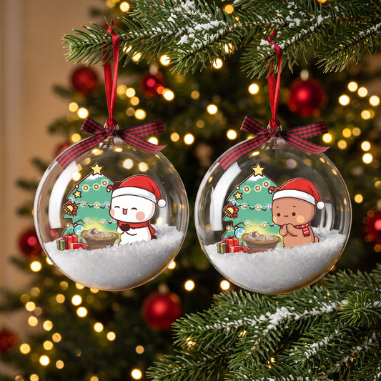 Bubu & Dudu Christmas Snow Globe Ornament Set – Kawaii Couple Bauble Tree Decoration