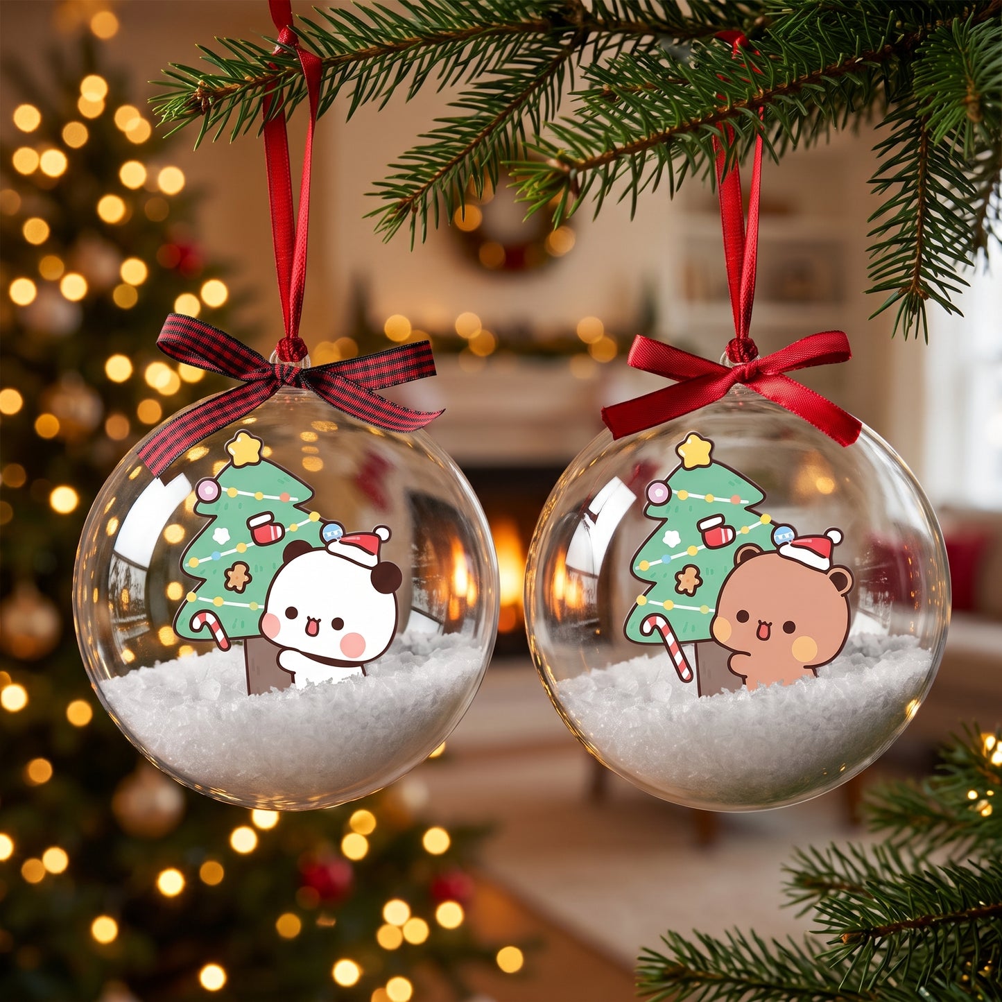 Bubu & Dudu Christmas Snow Globe Ornament Set – Kawaii Couple Bauble Tree Decoration