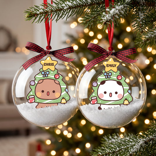 Personalized Bubu & Dudu Christmas Snow Globe Ornament – Custom Name Tree Costume Kawaii Couple Bauble