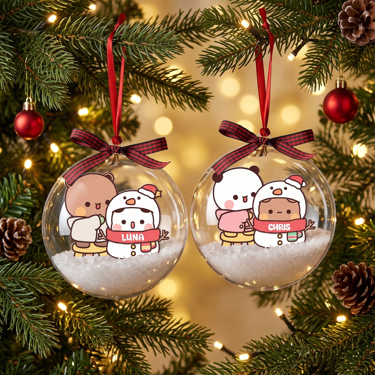 Personalized Bubu & Dudu Christmas Snow Globe Ornament – Custom Name Snowman Kawaii Couple Bauble