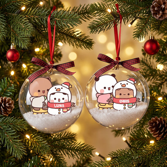 Personalized Bubu & Dudu Christmas Snow Globe Ornament – Custom Name Snowman Kawaii Couple Bauble