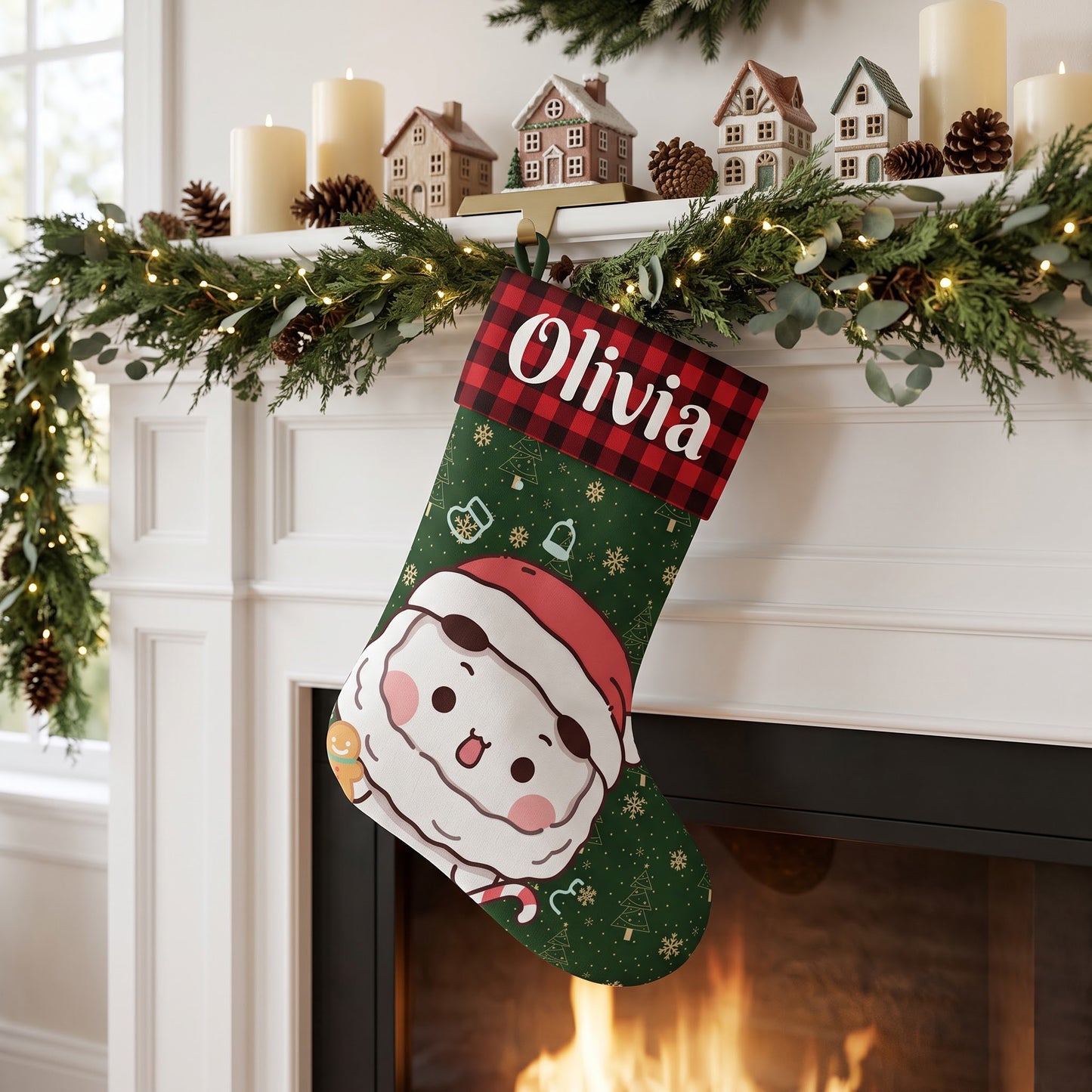 Personalized Bubu & Dudu Christmas Stockings – Set of 2 Matching Couple Kawaii Santa Buffalo Plaid Custom Name Stockings