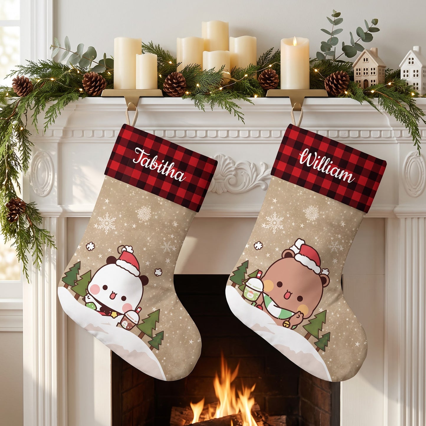 Personalized Bubu & Dudu Snowy Woods Christmas Stockings — Buffalo Plaid Kawaii Keepsake for Couples & Family
