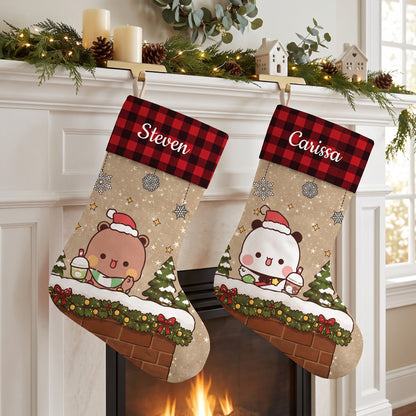 Personalized Bubu & Dudu Buffalo Plaid Christmas Stockings — Cozy Kawaii Keepsake for Couples & Family