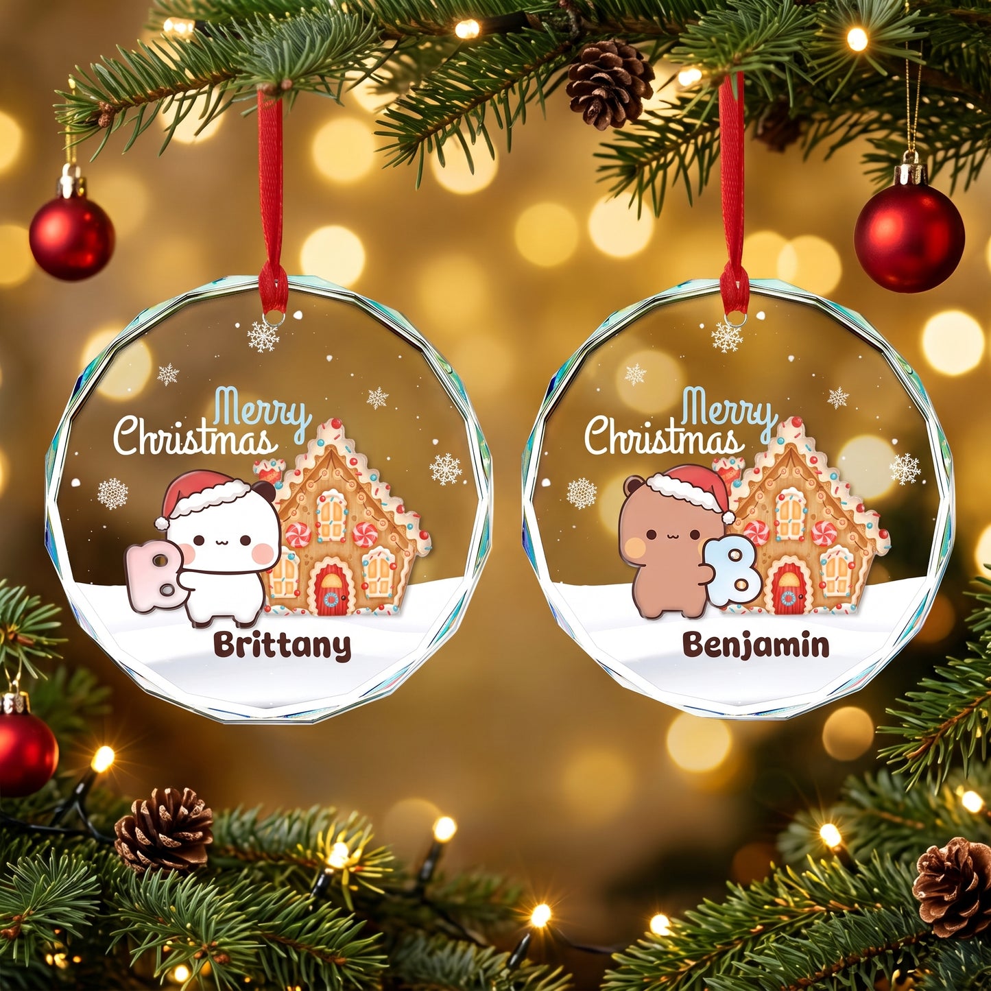 Personalized Bubu & Dudu Christmas Crystal Ornament Set – Custom Name Kawaii Couple Gingerbread Keepsake