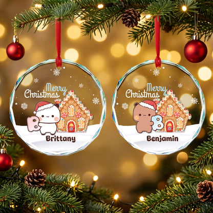 Personalized Bubu & Dudu Christmas Crystal Ornament Set – Custom Name Kawaii Couple Gingerbread Keepsake
