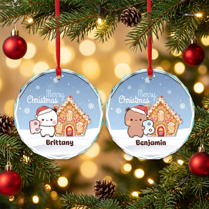 Personalized Bubu & Dudu Christmas Crystal Ornament Set – Custom Name Kawaii Couple Gingerbread Keepsake