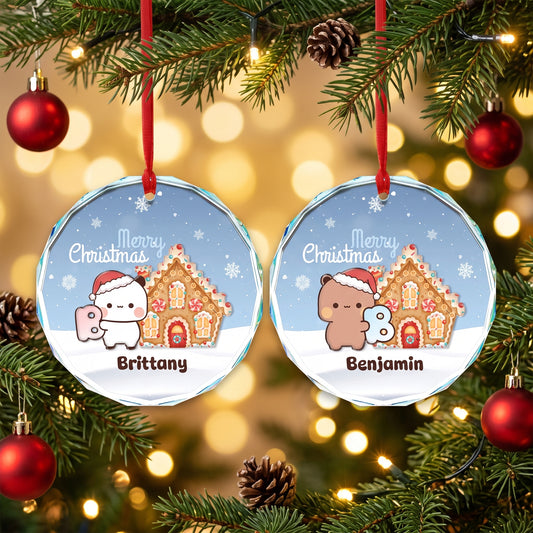 Personalized Bubu & Dudu Christmas Crystal Ornament Set – Custom Name Kawaii Couple Gingerbread Keepsake