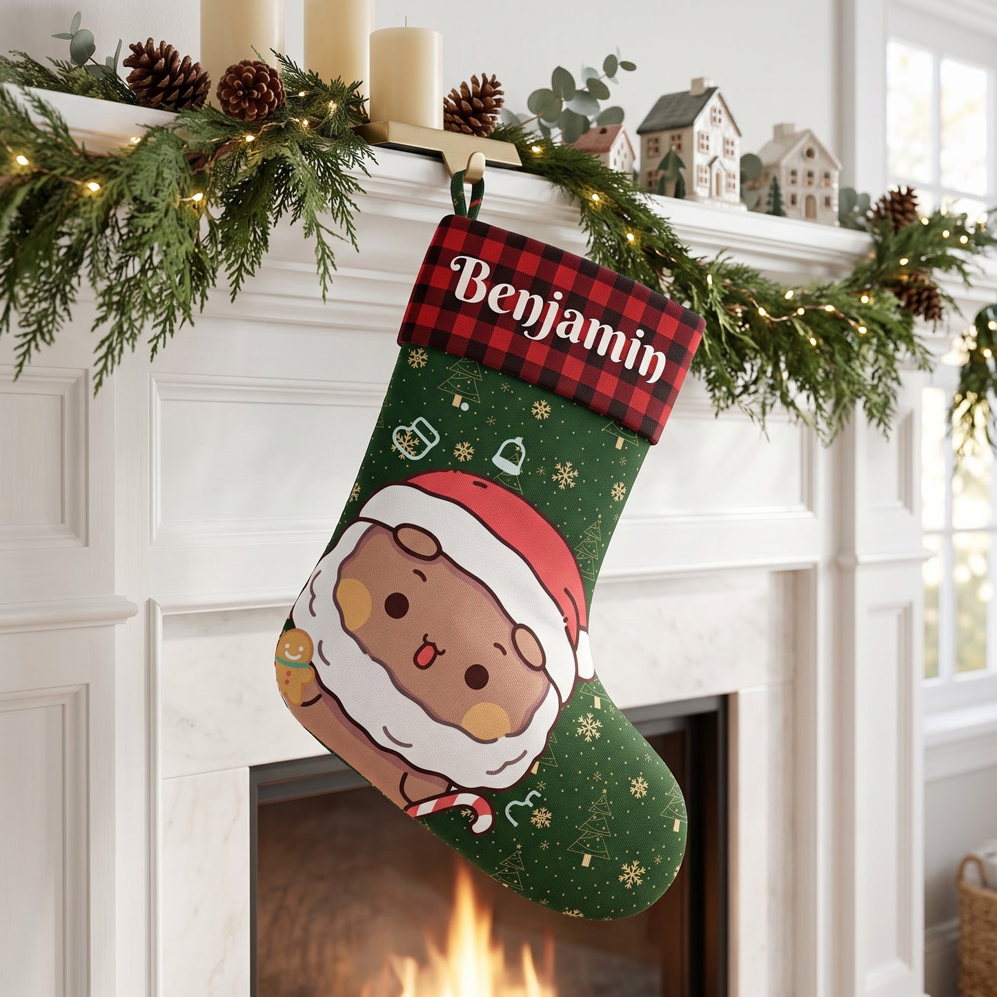 Personalized Bubu & Dudu Christmas Stockings – Set of 2 Matching Couple Kawaii Santa Buffalo Plaid Custom Name Stockings
