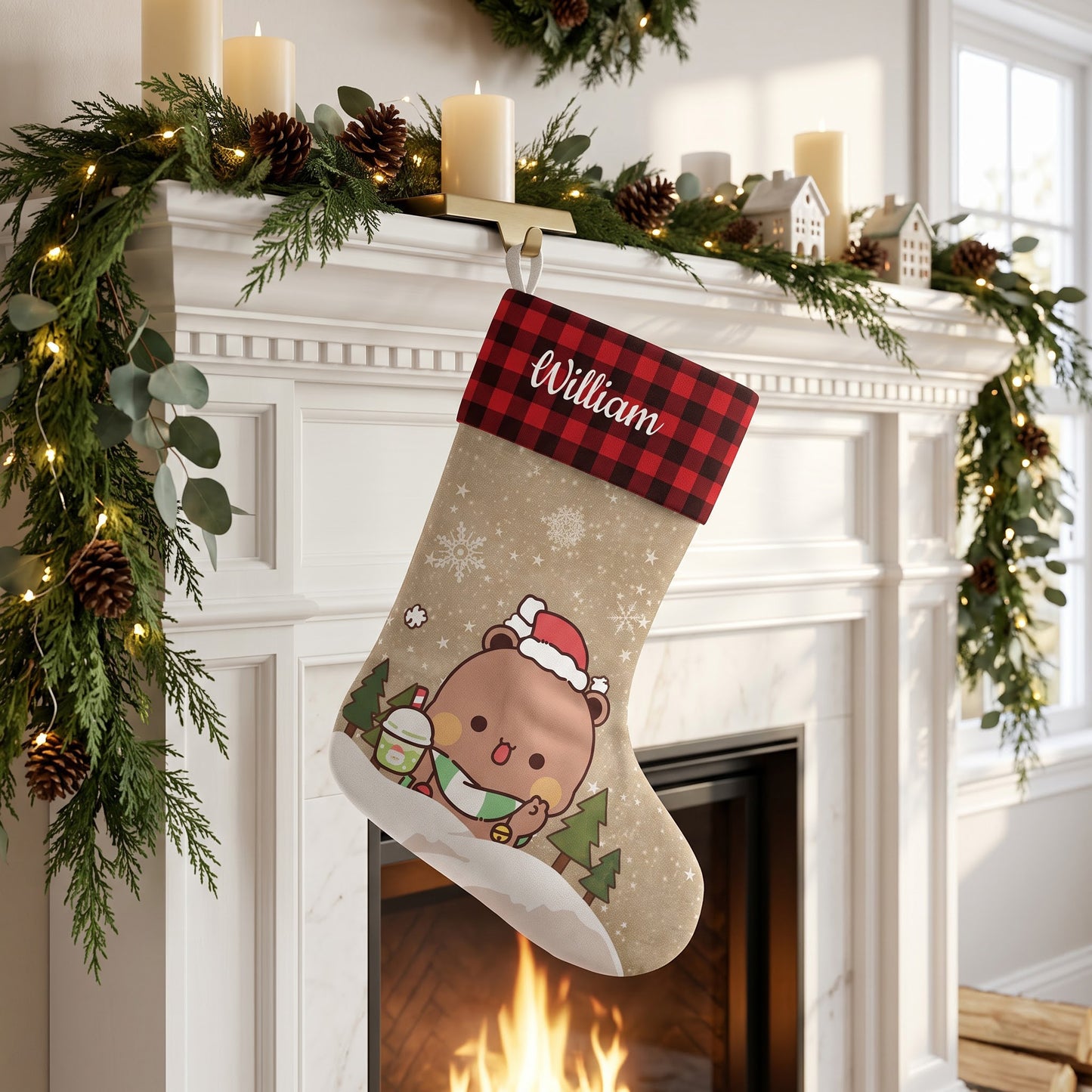 Personalized Bubu & Dudu Snowy Woods Christmas Stockings — Buffalo Plaid Kawaii Keepsake for Couples & Family
