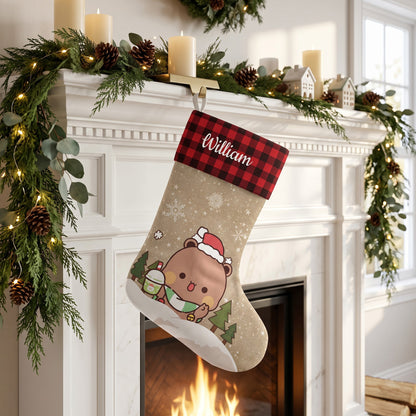Personalized Bubu & Dudu Snowy Woods Christmas Stockings — Buffalo Plaid Kawaii Keepsake for Couples & Family