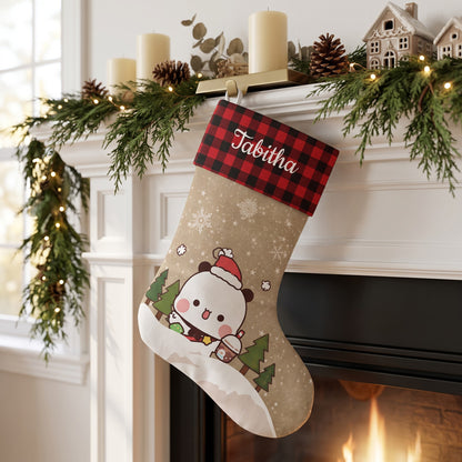Personalized Bubu & Dudu Snowy Woods Christmas Stockings — Buffalo Plaid Kawaii Keepsake for Couples & Family