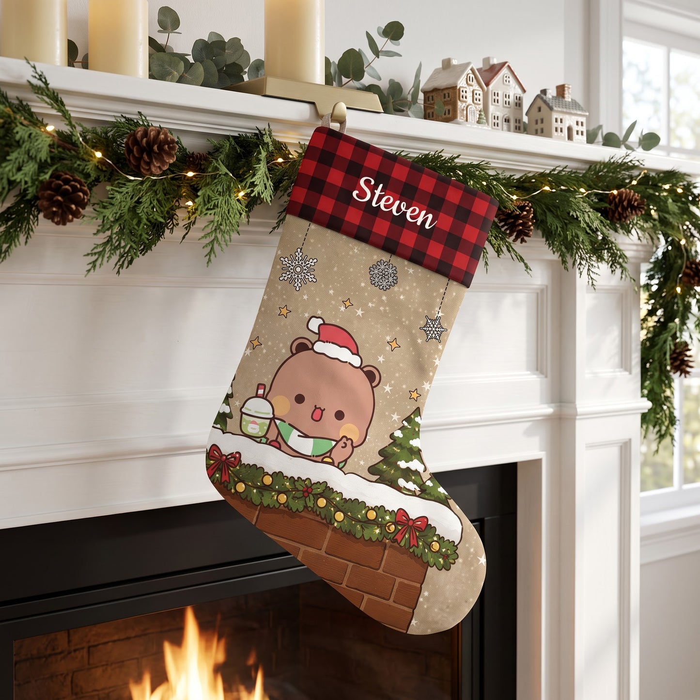 Personalized Bubu & Dudu Buffalo Plaid Christmas Stockings — Cozy Kawaii Keepsake for Couples & Family
